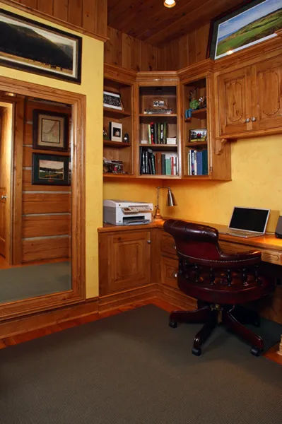 Custom home office with a built-in desk and bookcases under a painted ceiling
