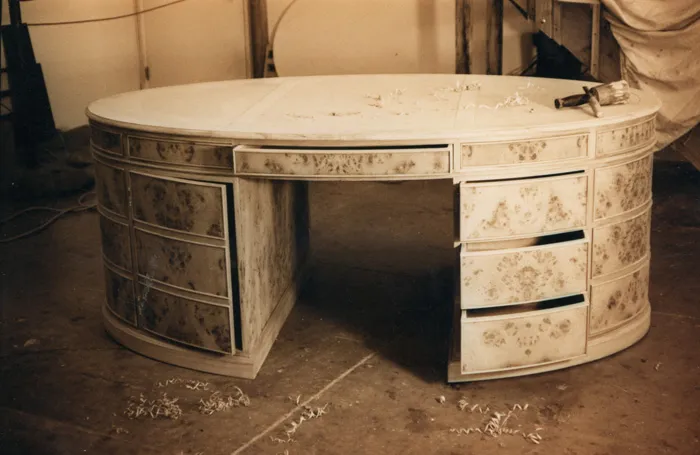 Curved bombe chest of drawers with a hand-painted finish